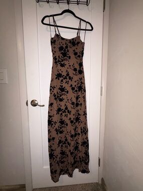 Francesca's Collections Brown Maxi Slip Dress with Black Floral Print